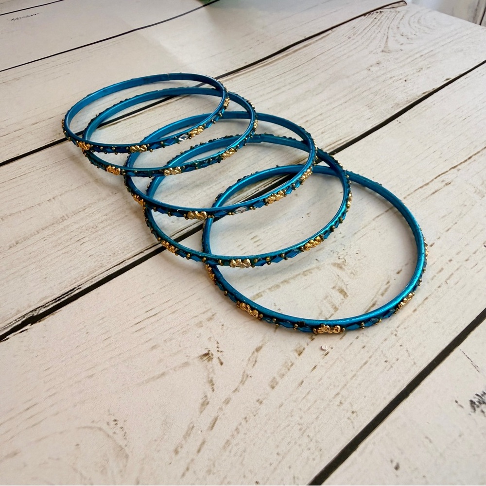 Teal Blue and Gold Bangle Bracelets - Picture 5 of 5